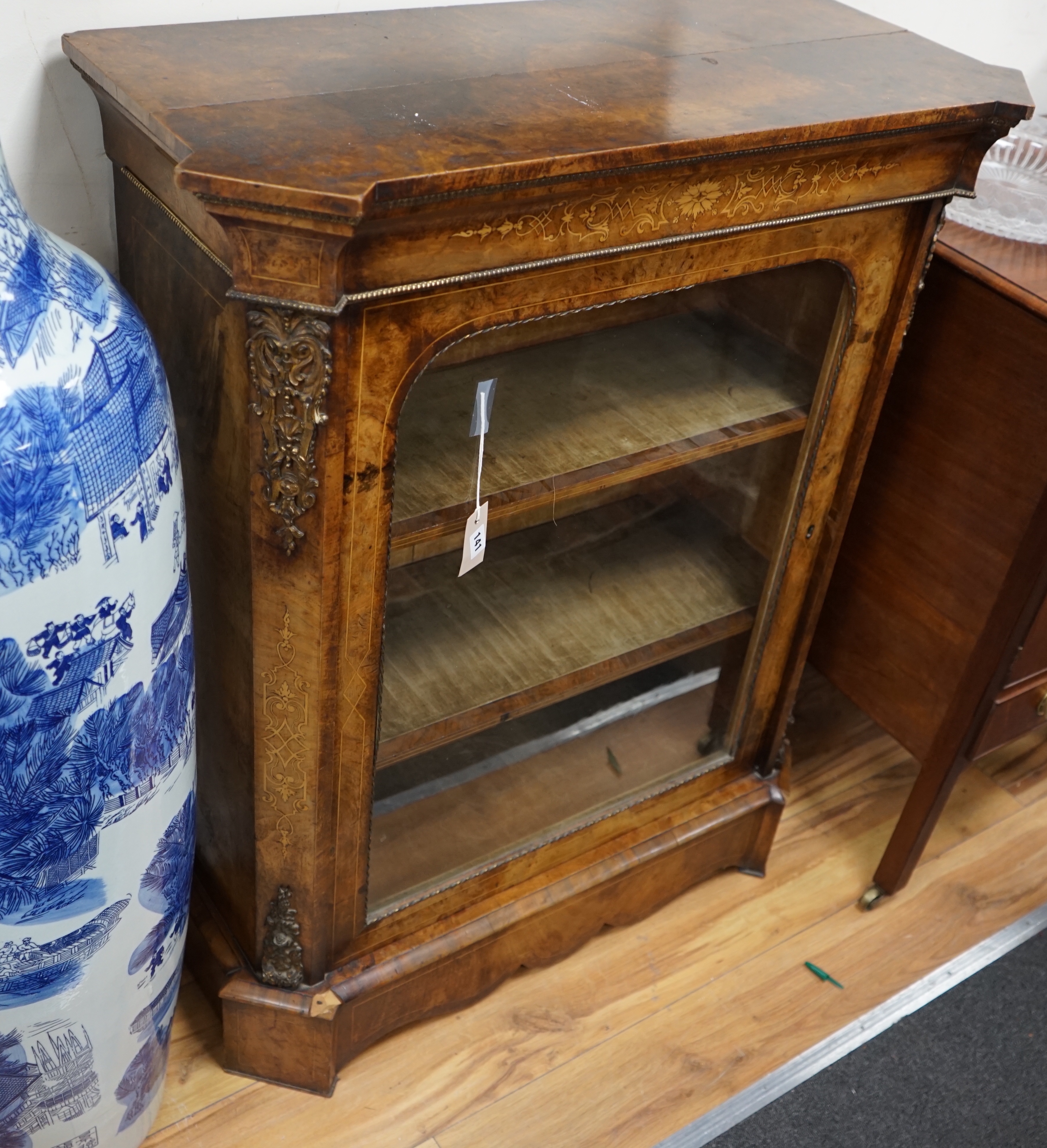 A Victorian marquetry inlaid gilt metal mounted walnut pier cabinet, width 88cm depth 40cm height 107cm